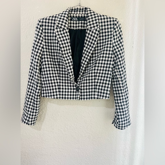 ZARA BLACK SINGLE BREASTED LAPEL COLLAR GINGHAM CROPPED BLAZER SIZE Med - Picture 2 of 12
